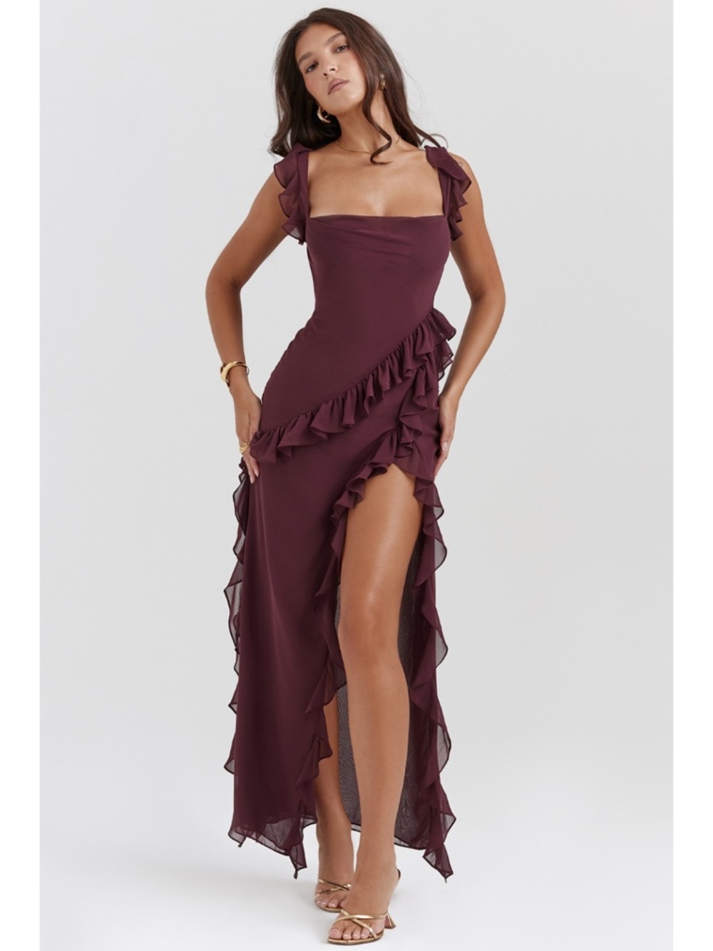 NEW House of CB Ariela Ruffle Maxi Dress Mulberry Large+ (XL)